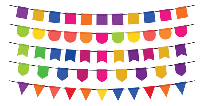 Flat icon set of 5 colorful party bunting garlands featuring square pennant round and triangle flag shapes for celebration design