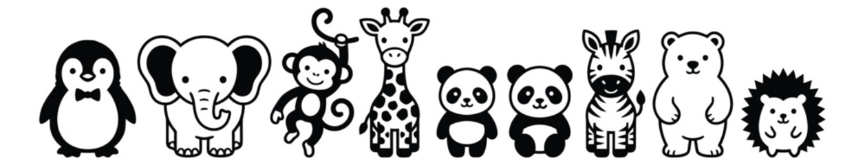 Obraz premium Cartoon icon set of 9 cute baby animals featuring penguin, elephant, monkey, giraffe, panda, zebra, polar bear and hedgehog for children design