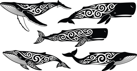 Tribal Polynesian Maori style whale silhouettes set featuring humpback and sperm whales with intricate swirling sea wave patterns for nautical designs. © clickwavebd
