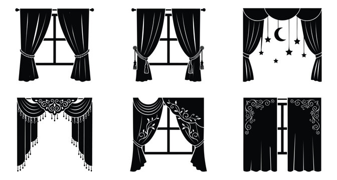 Silhouette icon set of 6 window curtains featuring decorative drapes with tassels stars and ornamental details for interior design