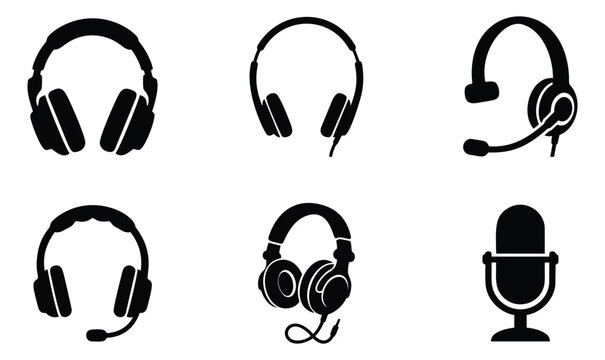 Silhouette icon set of 6 audio headphones and microphone symbols featuring gaming headset, DJ headphones and podcast mic for music and communication design