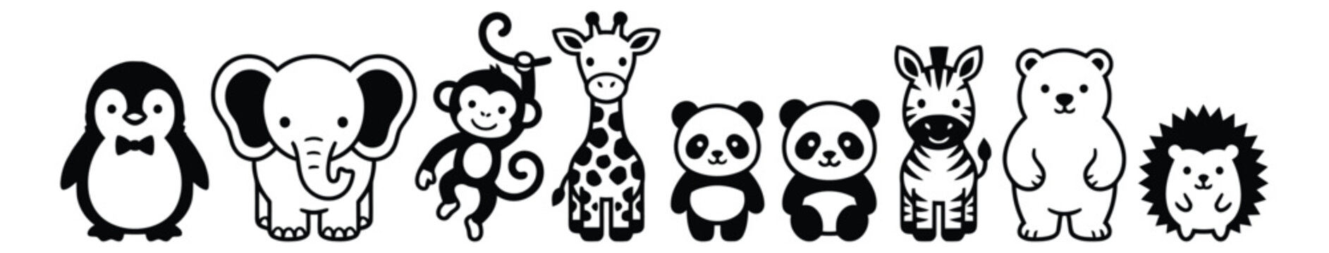 Cartoon icon set of 9 cute baby animals featuring penguin, elephant, monkey, giraffe, panda, zebra, polar bear and hedgehog for children design