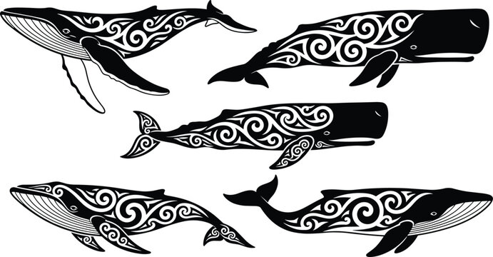 Tribal Polynesian Maori style whale silhouettes set featuring humpback and sperm whales with intricate swirling sea wave patterns for nautical designs.