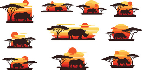 Rhinoceros safari sunset landscape collection with silhouettes, savanna trees and African wildlife scenery vector illustration set © MdNipon