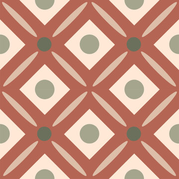 Seamless geometric pattern with earthy boho colors featuring retro terracotta tiles, sage green circles, and interlocking crosses.