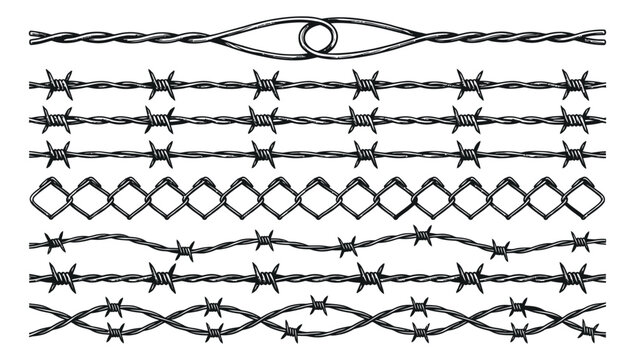 Sketch set of 7 barbed wire borders featuring twisted strands, diamond patterns and spiral designs for security and military themes