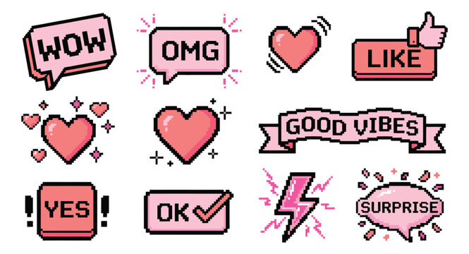 Pixel art icon set of 9 retro social media stickers featuring speech bubbles, hearts and reaction badges for digital and gaming design