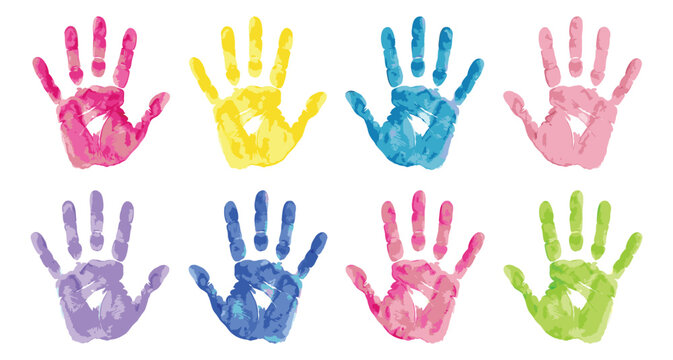 Watercolor clip art set of 8 colorful hand prints featuring paint textured palm impressions for kids and education design