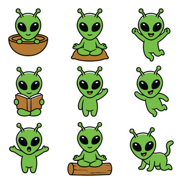 Cartoon icon set of 9 cute alien characters featuring meditation, reading, yoga and playful poses for kids and sci fi design