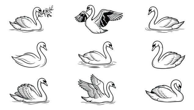 Line art icon set of 9 elegant swans featuring various poses and wing positions for nature and wedding design