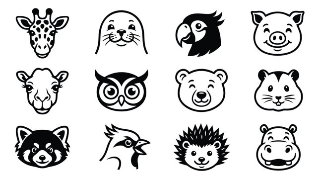 Cartoon icon set of 12 animal faces featuring giraffe, owl, bear, parrot and wildlife characters for children design