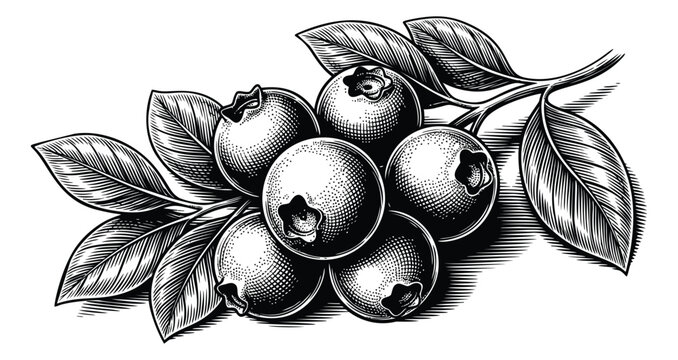 Engraving illustration of blueberries on a branch depicting ripe fruit cluster with leaves for food and packaging design