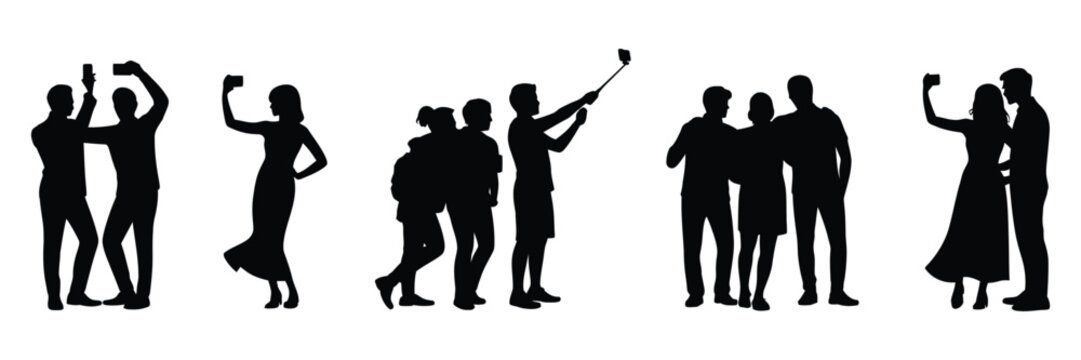 People selfie silhouette, group of friends taking photo with smartphone, social media concept