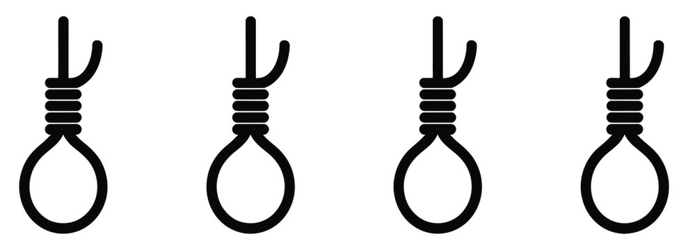 Hangman noose icon set, rope knot, suicide and execution symbols, gallows loop vector silhouette collection, dark thematic design, isolated vector illustration for educational or caution concepts.