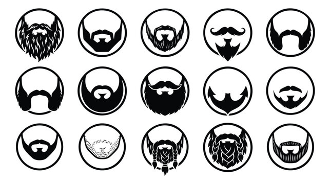 Silhouette icon set of 15 beard styles featuring mustache, goatee and braided grooming variations for barbershop design