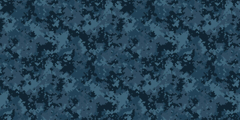 Abstract digital camouflage pattern in navy blue shades. Ideal for backgrounds, textiles, or militarythemed designs.  Represents concealment, strategy, and modern aesthetics. © Olena