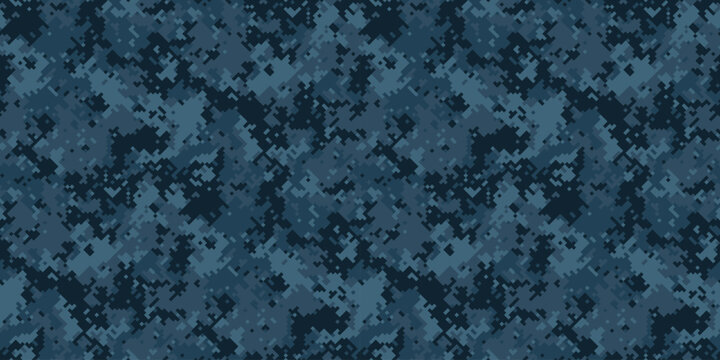 Abstract digital camouflage pattern in navy blue shades. Ideal for backgrounds, textiles, or militarythemed designs.  Represents concealment, strategy, and modern aesthetics.