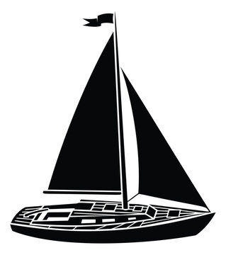 Silhouette illustration of a classic sailboat depicting a tall mast with sails and flag for nautical and maritime design