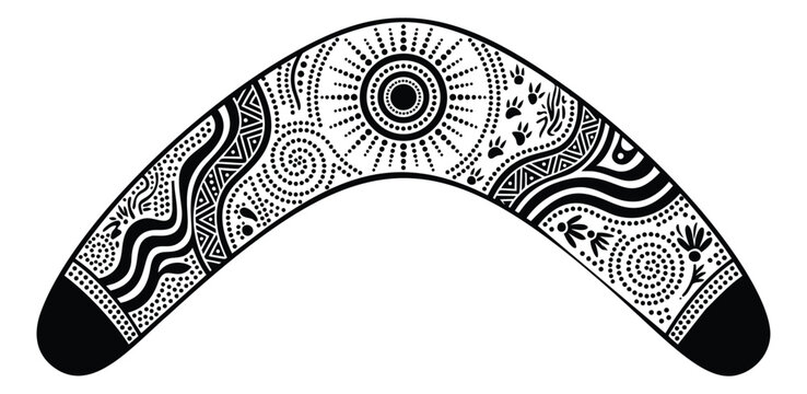 Flat illustration of an Aboriginal Australian boomerang depicting traditional dot art and indigenous patterns for cultural design