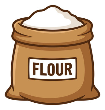 Cartoon illustration of a flour bag depicting a burlap sack filled with white powder for baking and cooking design