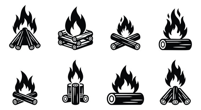 Bold silhouette icon set of 8 campfire designs featuring flames and logs in various arrangements for outdoor and camping design