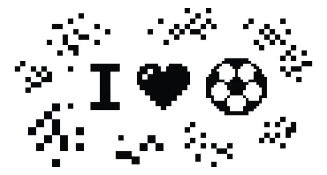 Pixel art illustration of I love soccer sign featuring 8 bit heart and football ball with decorative confetti elements for sports design