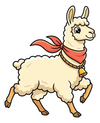 Naklejka premium Cartoon illustration of a fluffy llama depicting a running pose with red bandana and bell for children and animal design