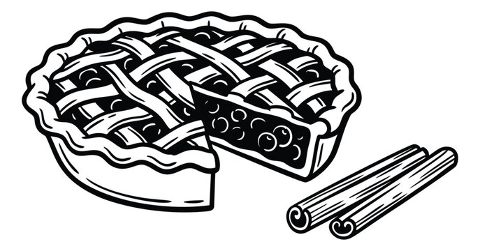 Woodcut illustration of a berry pie with lattice crust depicting a sliced homemade dessert with cinnamon sticks for food and bakery design