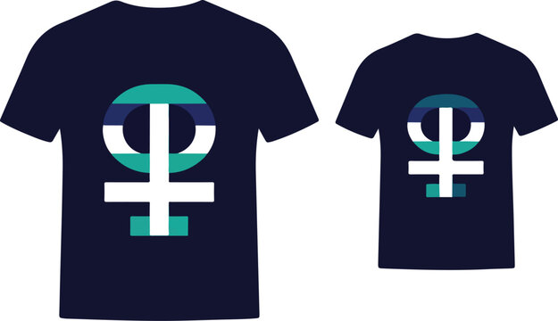 Two dark blue t-shirts displaying a colorful female gender symbol design.