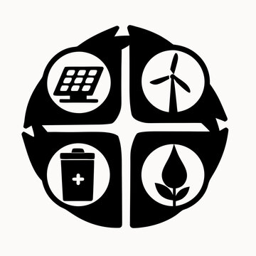 A black and white vector graphic illustrating eco-friendly energy sources and sustainable practices