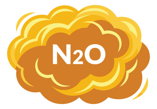 Cartoon illustration of N2O nitrous oxide gas cloud depicting chemical compound symbol for science and education design
