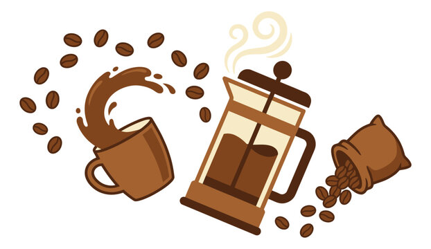 Cartoon illustration set of coffee elements featuring french press, splashing mug and bean sack for cafe and beverage design