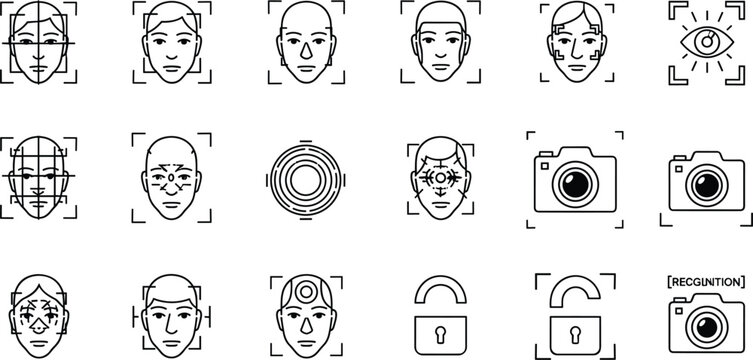 Facial Recognition and Camera Focus Modes Icon Set Featuring Eye Tracking, Focus Zones, and Security Features
