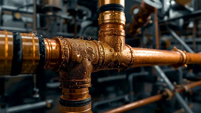 Rusty copper pipes with valves and joints in industrial plumbing system close up detail