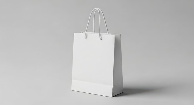 White paper shopping bag with handles on gray background for retail or branding use