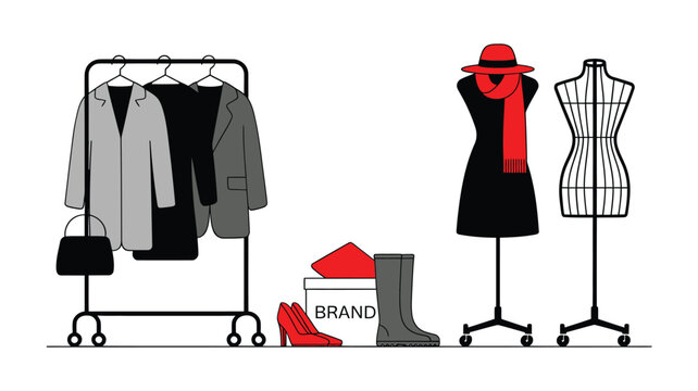 A minimalist illustration depicts clothing on a rack a mannequin and fashion accessories high quality professional