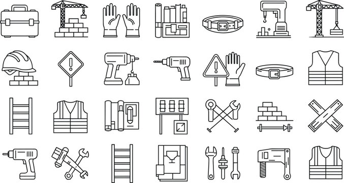 Construction Site and Safety Equipment Icon Set Featuring Tools, Gear, and Protective Equipment