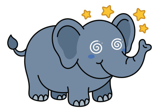 Cartoon illustration of a dizzy elephant depicting swirly eyes and stars for children and educational design