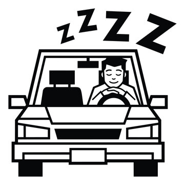 Outline illustration of drowsy driver depicting person sleeping at the wheel for road safety design
