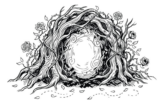 Engraving illustration of a mystical portal depicting twisted roots and rose vines surrounding a glowing orb for fantasy and gothic design