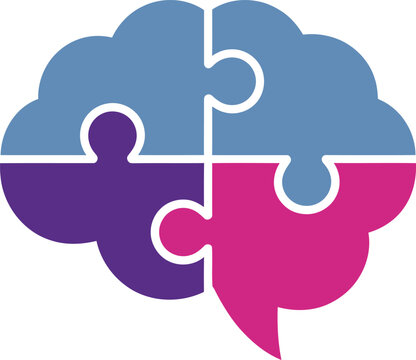 A stylized human brain shape composed of four different colored interlocking puzzle pieces