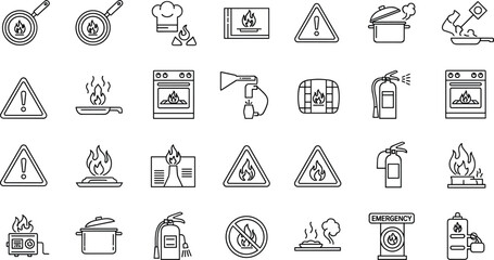 Fototapeta premium Kitchen Fire Safety Icon Set Featuring Cooking Hazards, Fire Extinguishers, Warning Signs, and Fire PreventionKitchen 