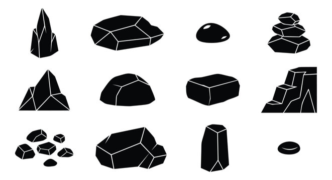 Silhouette icon set of 12 rocks and stones featuring boulders, pebbles, cliffs and stacked formations for nature and game design