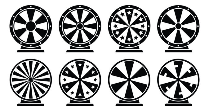 Flat silhouette icon set of 8 fortune wheels featuring spinning prize and lottery game designs for casino and entertainment use