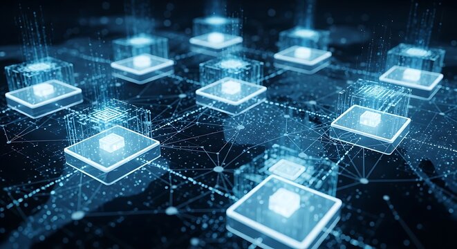 Abstract digital blocks connected by network lines on dark background, technology concept.