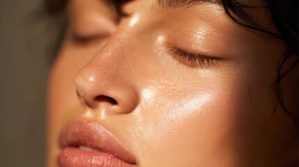 Fototapeta premium Young woman with closed eyes illuminating healthy skin, showing a natural radiant complexion from effective skincare, promoting beauty and self care concepts