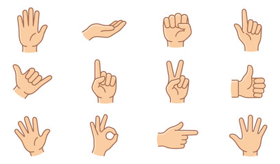 Fototapeta premium Cartoon icon set of 12 hand gestures featuring open palm, fist, thumbs up, peace sign, pointing finger and ok sign for communication design