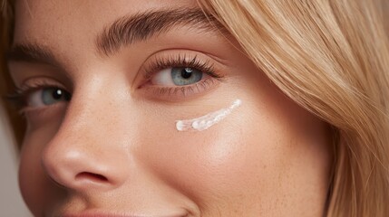 Fototapeta premium Young woman applying nourishing cosmetic eye cream, hydrating and rejuvenating delicate skin, promoting health and anti aging skincare for natural beauty