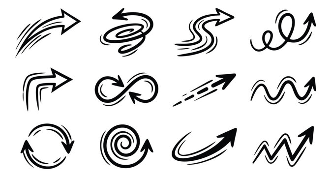 Sketch icon set of 12 dynamic arrows featuring spiral, wavy, curved and looping motion styles for graphic and ui design