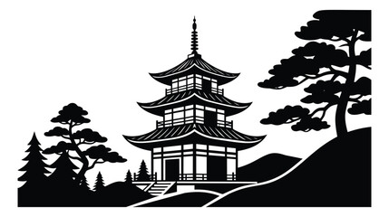 Fototapeta premium Silhouette illustration of a Japanese pagoda depicting traditional architecture surrounded by pine trees for Asian culture design